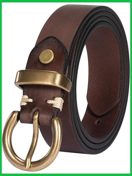 Genuine Leather Belt for Jeans with Solid Brass Circle Buckle Full Grain Leather